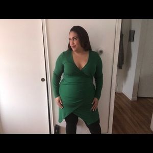 Faux wrap, knee length, long sleeve dress